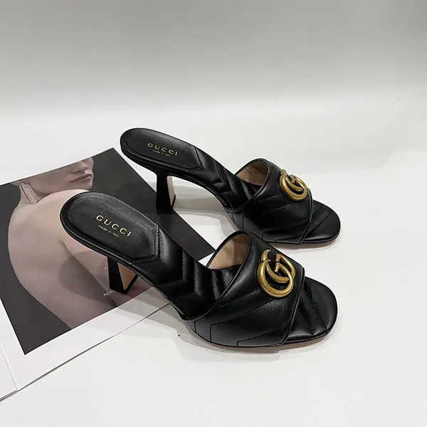 Dép Cao Gót Nữ Gucci Double G Leather Sandal Màu Đen Size 35.5
