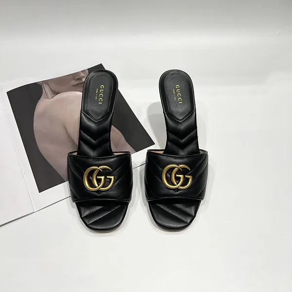 Dép Cao Gót Nữ Gucci Double G Leather Sandal Màu Đen Size 35.5