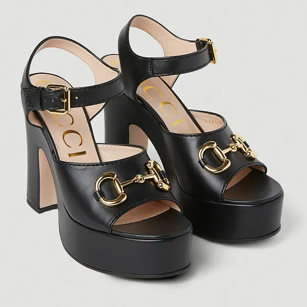Dép Cao Gót Nữ Gucci Horsebit Platform Sandals In Black Màu Đen Size 36.5