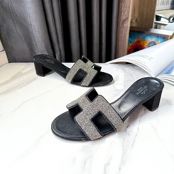 Dép Cao Gót Nữ Hermès Summer Heels Leather Sheepskin Sandals Màu Đen Xám Size 37