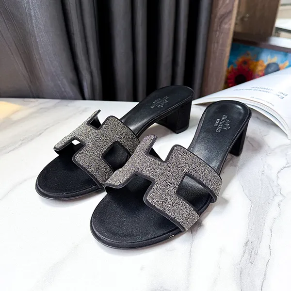 Dép Cao Gót Nữ Hermès Summer Heels Leather Sheepskin Sandals Màu Đen Xám Size 37