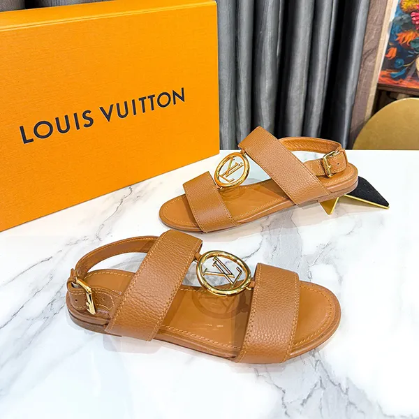 Dép Sandal Nữ Louis Vuitton LV Brown Leather Vedette Slingback Flat Màu Nâu Size 35