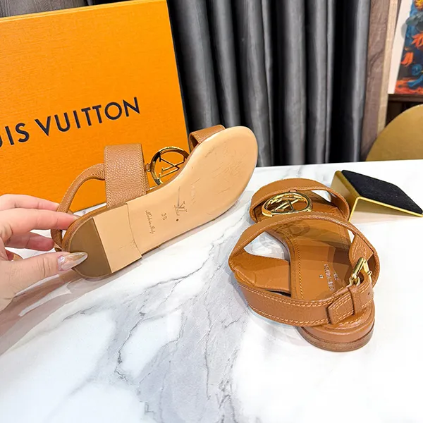 Dép Sandal Nữ Louis Vuitton LV Brown Leather Vedette Slingback Flat Màu Nâu Size 35