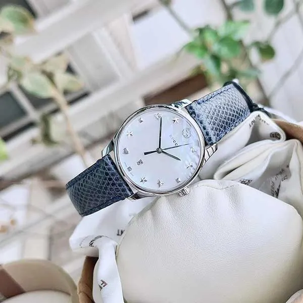 Đồng Hồ Nữ Gucci G-Timeless Mother Of Pearl Dial Blue Leather YA126588 Màu Xanh Bạc