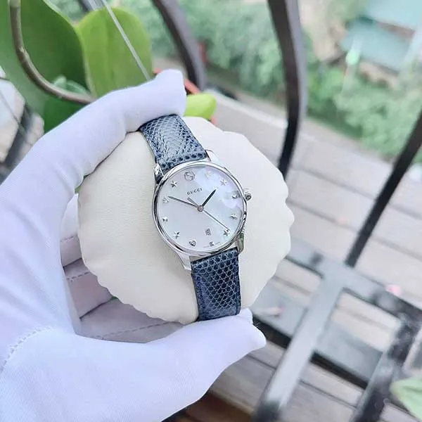 Đồng Hồ Nữ Gucci G-Timeless Mother Of Pearl Dial Blue Leather YA126588 Màu Xanh Bạc