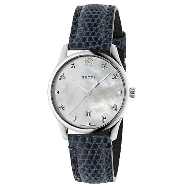 Đồng Hồ Nữ Gucci G-Timeless Mother Of Pearl Dial Blue Leather YA126588 Màu Xanh Bạc