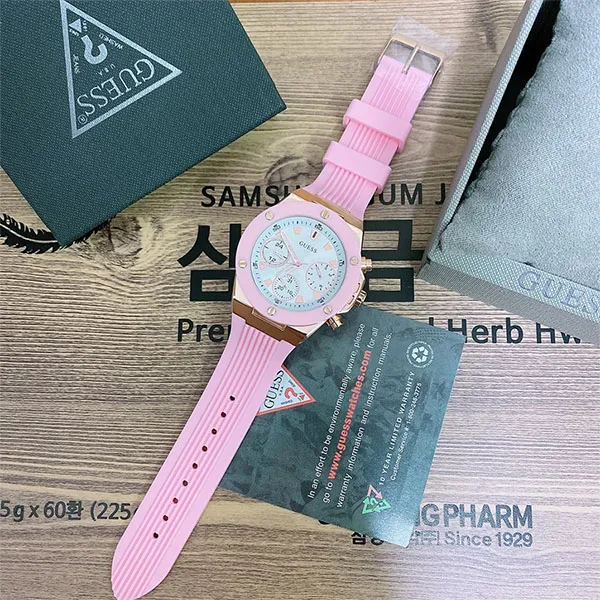 Đồng Hồ Nữ Guess Athena White Dial Pink Rubber Strap Watch For Women GW0030L4 Màu Hồng Vàng