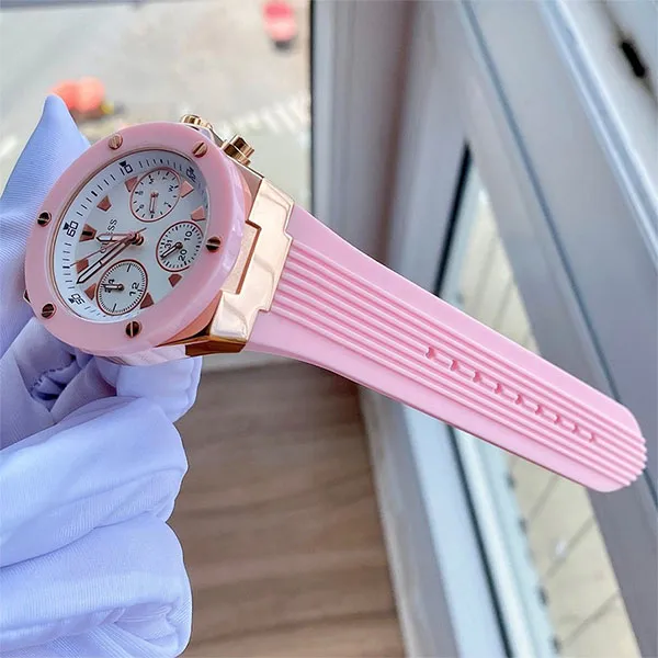 Đồng Hồ Nữ Guess Athena White Dial Pink Rubber Strap Watch For Women GW0030L4 Màu Hồng Vàng