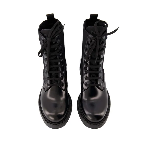 Giày Boot Nữ Prada Leather And Re-Nylon Combat Màu Đen Size 36