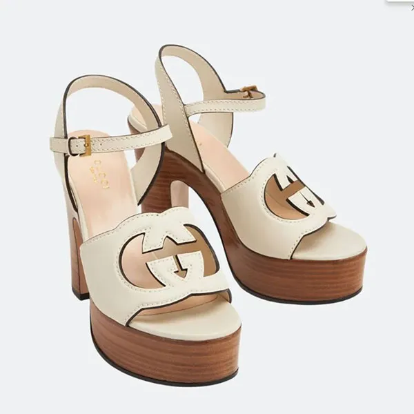 Giày Cao Gót Nữ Gucci Interlocking GG Leather Cream Sandals 730022 US000 9022 Màu Trắng Nâu Size 35.5 - Giày - Vua Hàng Hiệu