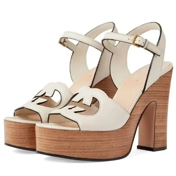 Giày Cao Gót Nữ Gucci Interlocking GG Leather Cream Sandals 730022 US000 9022 Màu Trắng Nâu Size 35.5 - Giày - Vua Hàng Hiệu
