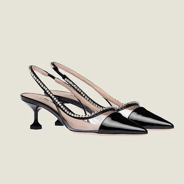 Giày Cao Gót Nữ Miu Miu Patent Leather And PVC Crystal Embellished Slingback Pumps 5I362D_3R04 Màu Đen Size 36