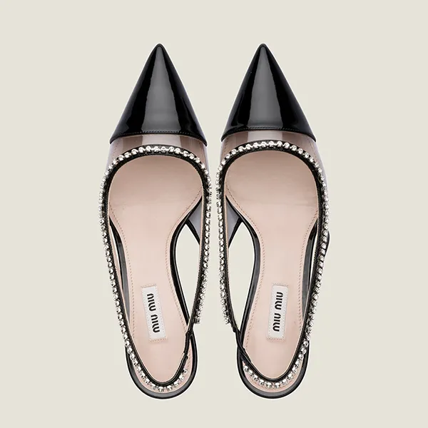 Giày Cao Gót Nữ Miu Miu Patent Leather And PVC Crystal Embellished Slingback Pumps 5I362D_3R04 Màu Đen Size 36