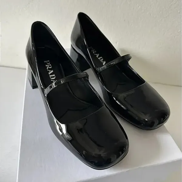 Giày Cao Gót Nữ Prada Leather Ballet Flats Màu Đen Size 35.5