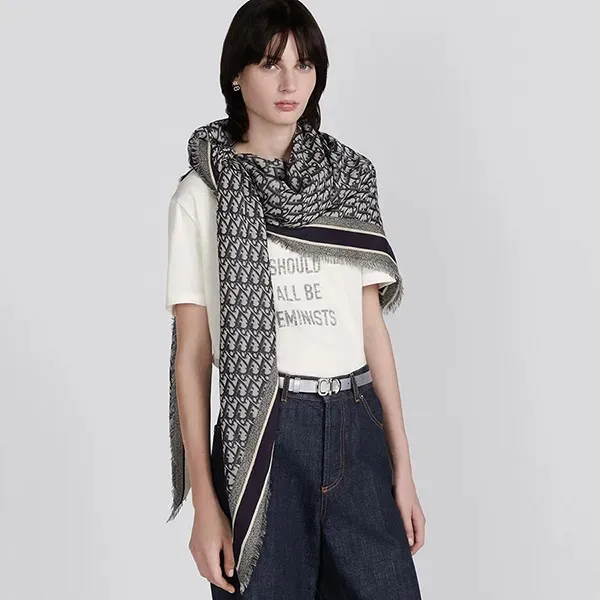 Khăn Quàng Cổ Dior Oblique Shawl Scarf Màu Xanh Navy-Xám - Thời trang - Vua Hàng Hiệu