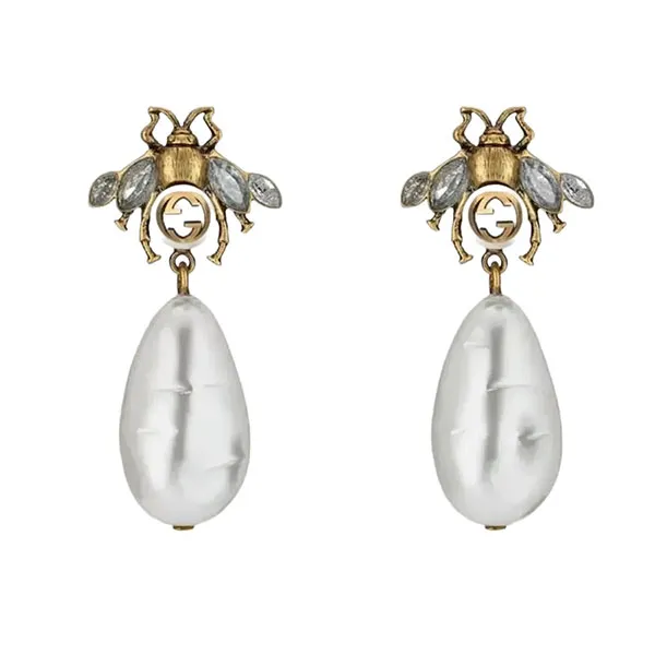 Khuyên Tai Nữ Gucci Aged Gold Finish Bee Embellished Earrings With Drop Pearl Màu Trắng - Trang sức - Vua Hàng Hiệu