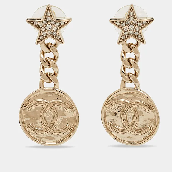 Khuyên Tai Nữ Chanel CC Strass Crystal Gold Tone Earrings Màu Vàng