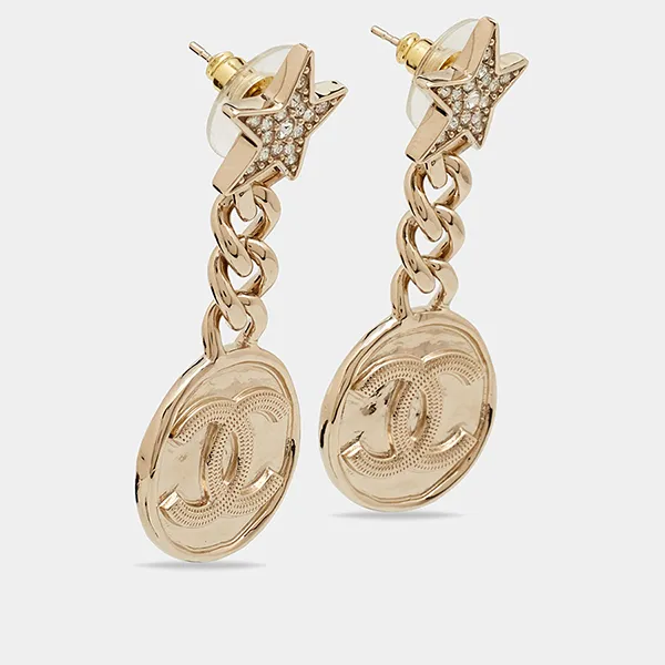 Khuyên Tai Nữ Chanel CC Strass Crystal Gold Tone Earrings Màu Vàng