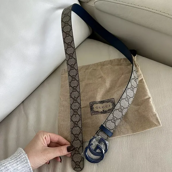 Thắt Lưng Gucci GG Supreme Monogram Calfskin Enamel Double G Belt Màu Xám/Xanh Size 75 - Thắt lưng - Vua Hàng Hiệu