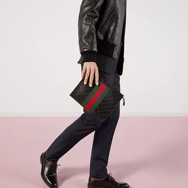 Túi Cầm Tay Nam Gucci Signature Web Pouch 475316-CWCLN-1060 Màu Đen