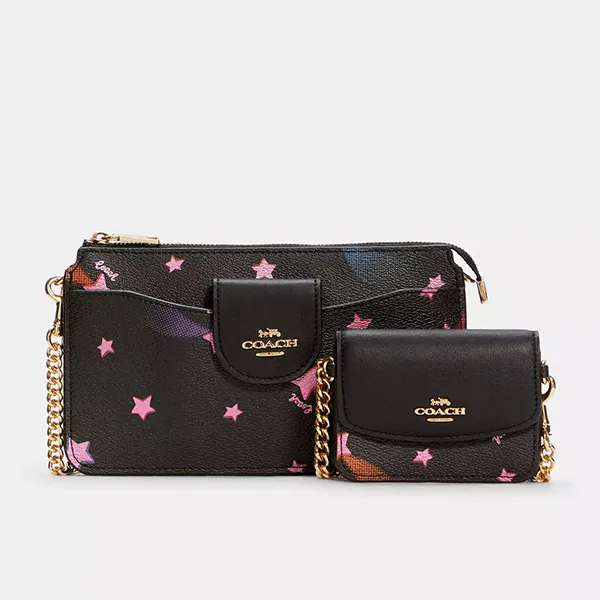 Túi Đeo Chéo Nữ Coach Poppy Crossbody With Card Case C7289 Màu Đen Họa Tiết (Kèm Túi Nhỏ)