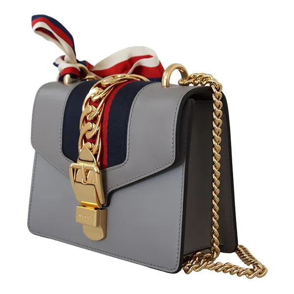 Túi Đeo Chéo Nữ Gucci Calf Leather Sylvie Chain Mini Shoulder Bag Grey Màu Xám - Túi xách - Vua Hàng Hiệu