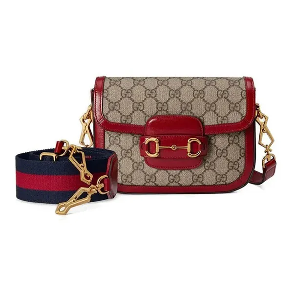 Túi Đeo Chéo Nữ Gucci Horsebit 1955 Canvas With Leather Saddle Crossbody Bag Mini Ebony/Red Màu Nâu Đỏ - Túi xách - Vua Hàng Hiệu