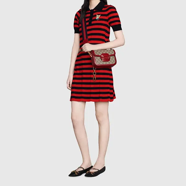 Túi Đeo Chéo Nữ Gucci Horsebit 1955 Canvas With Leather Saddle Crossbody Bag Mini Ebony/Red Màu Nâu Đỏ - Túi xách - Vua Hàng Hiệu