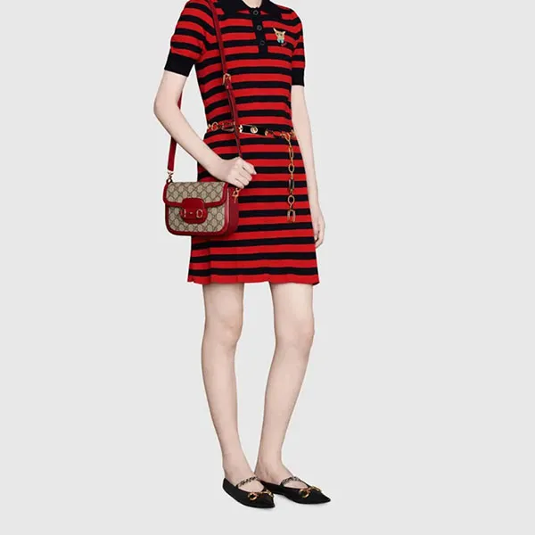 Túi Đeo Chéo Nữ Gucci Horsebit 1955 Canvas With Leather Saddle Crossbody Bag Mini Ebony/Red Màu Nâu Đỏ - Túi xách - Vua Hàng Hiệu