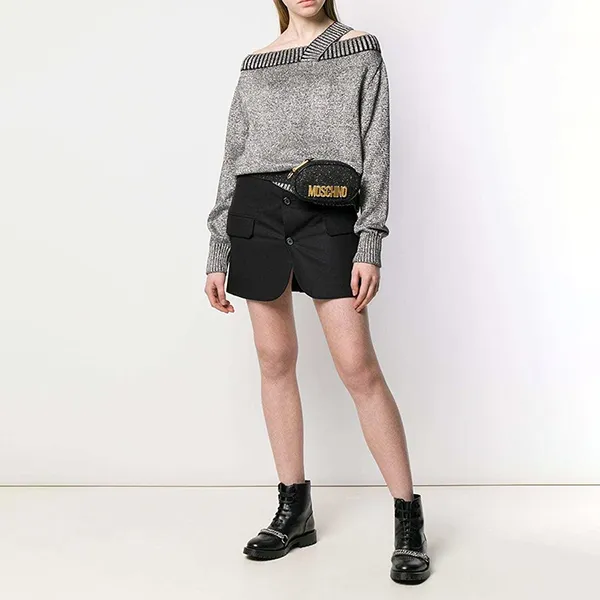 Túi Đeo Hông Nữ Moschino Glitter Belt Bag Black Leather Fanny Pack Màu Đen - Túi xách - Vua Hàng Hiệu