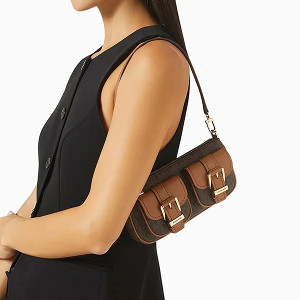 Túi Đeo Vai Nữ Michael Kors MK Small Zoe Bag In Signature Logo Canvas 32S5GZCU1B Màu Nâu Đen - Túi xách - Vua Hàng Hiệu