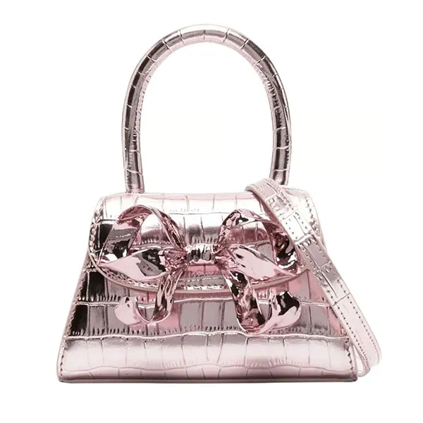 Túi Xách Tay Nữ Self-Portrait Metallic Crocodile-Effect Bow Bag Màu Hồng