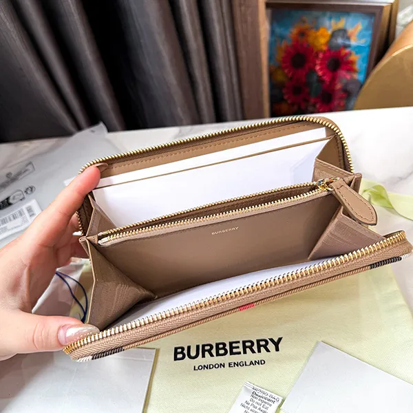 Ví Nữ Burberry Nova Check Leather Long Zip Around Wallet Beige 2918 Màu Be Kẻ