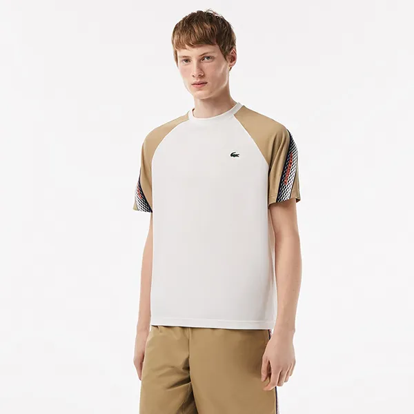 Áo Phông Nam Lacoste Sport Regular Fit Logo Stripe TShirt TH5196-A96 Màu Trắng Be Size 3