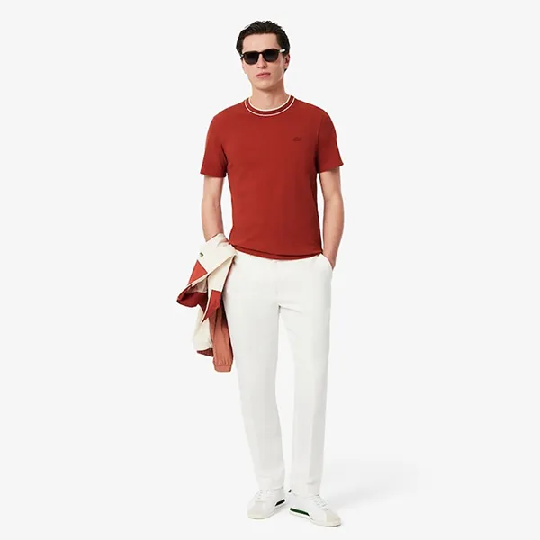 Áo Phông Nam Lacoste Stretch Piqué Striped Collar T-Shirt TH8174 51 AFS Màu Đỏ Size 4