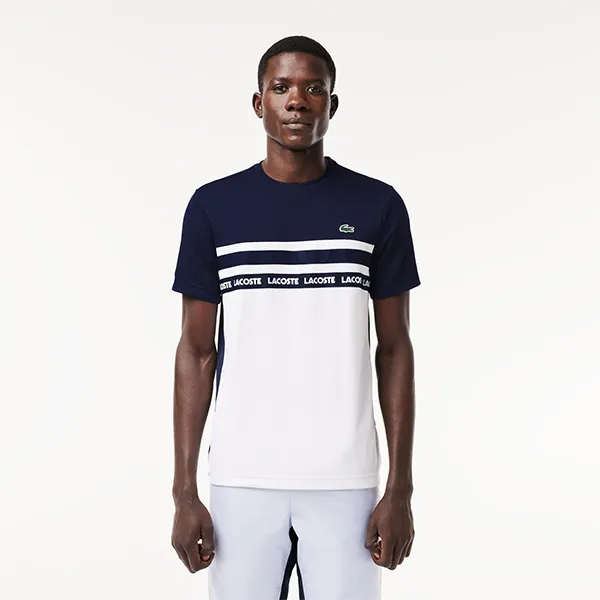 Áo Phông Nam Lacoste Ultra-Dry Logo Stripe Pique Tennis Tshirt TH7515 522 Màu Trắng Xanh Navy Size 3