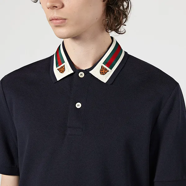 Áo Polo Gucci Cotton With Web And Feline Head Interlocking G 545714 XJAGU 4685 Màu Xanh Navy Size S - Thời trang - Vua Hàng Hiệu