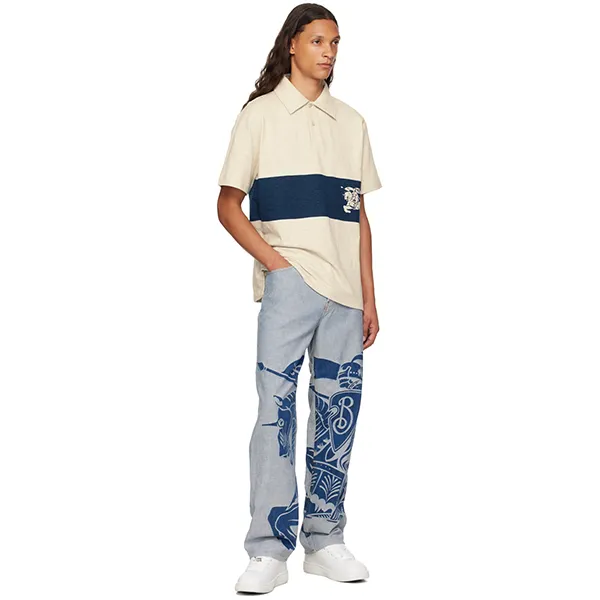 Áo Polo Nam Burberry Off-White EKD Stripe Relaxed Fit Polo Shirt Màu Kem Size M