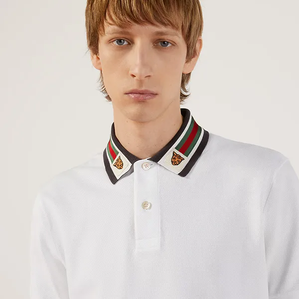 Áo Polo Nam Gucci Cotton With Web And Feline Head Interlocking G 545714 XJAGU 9061 Màu Trắng Size XL