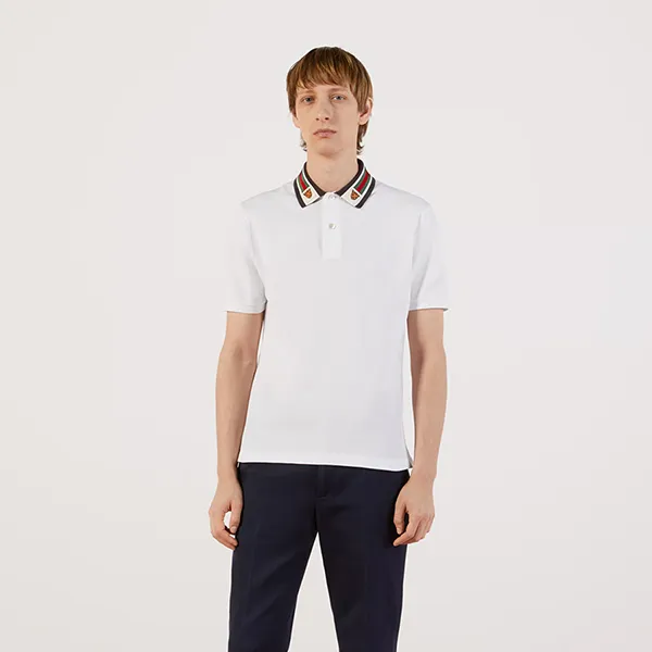 Áo Polo Nam Gucci Cotton With Web And Feline Head Interlocking G 545714 XJAGU 9061 Màu Trắng Size XL