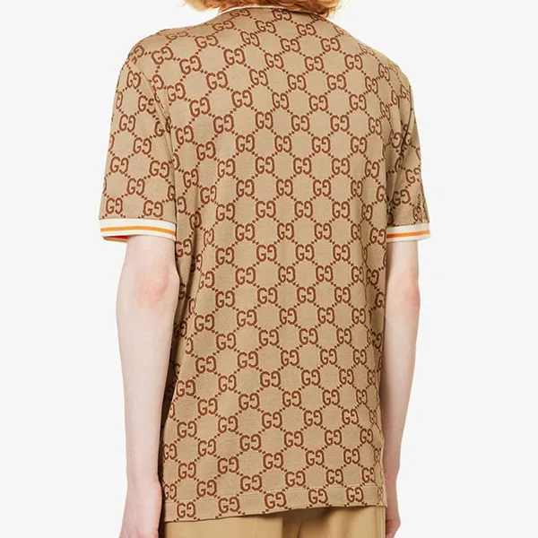 Áo Polo Nam Gucci GG Bonogram Silk And Cotton Piqué Màu Nâu Size XS