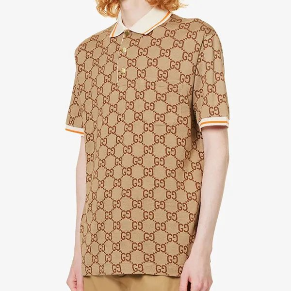 Áo Polo Nam Gucci GG Bonogram Silk And Cotton Piqué Màu Nâu Size XS