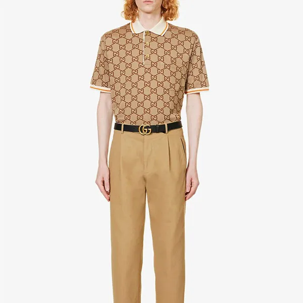 Áo Polo Nam Gucci GG Bonogram Silk And Cotton Piqué Màu Nâu Size XS