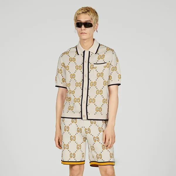 Áo Polo Nam Gucci GG Cotton Bowling 740562 XKC6C 9878 Màu Kem Size S