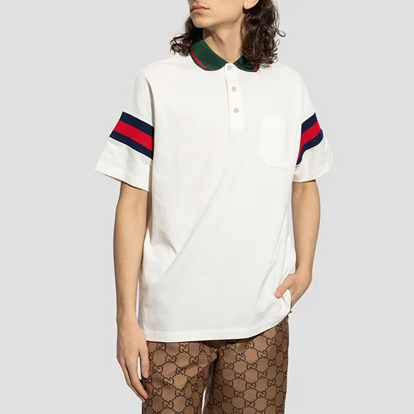 Áo Polo Nam Gucci Striped Cotton Jersey With Pocket 713997 XJETR 9088 Màu Trắng Size XS