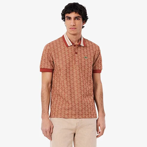 Áo Polo Nam Lacoste Classic With Contrast Collar And Monogram Jacquard Brown/Beige DH1417 GTI Màu Nâu Họa Tiết Size 3 - Thời trang - Vua Hàng Hiệu