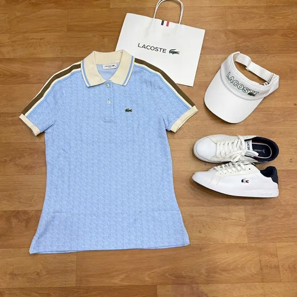 Áo Polo Nữ Lacoste Slim Shirt Jacquard With Monogram Pattern DF0849-WB5 Màu Xanh Blue Size 34