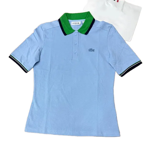 Áo Polo Nữ Lacoste Women's Slim Fit Colored Neck Stretch Cotton Piqué Polo PF7251 Màu Xanh Da Trời Size 34