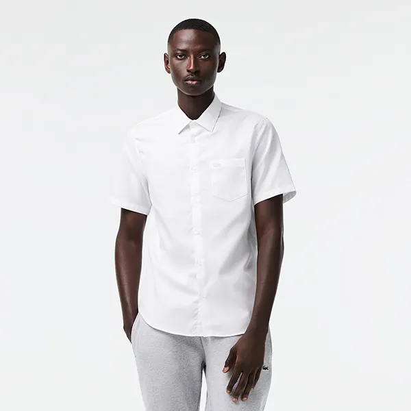 Áo Sơ Mi Cộc Tay Nam Lacoste Regular Fit Solid Cotton Shirt CH8528 51 001 Màu Trắng Size 38