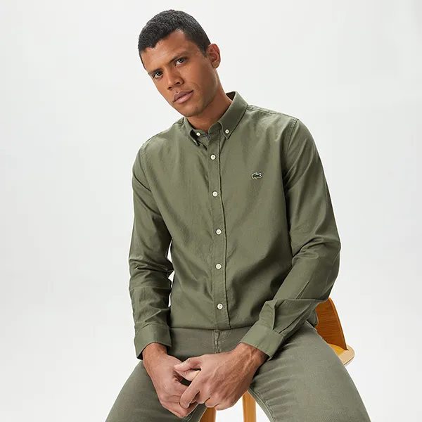 Áo Sơ Mi Nam Lacoste Men's Slim Fit Button-Down Collar Khaki Shirt CH0338.316 Màu Xanh Kaki Size 38